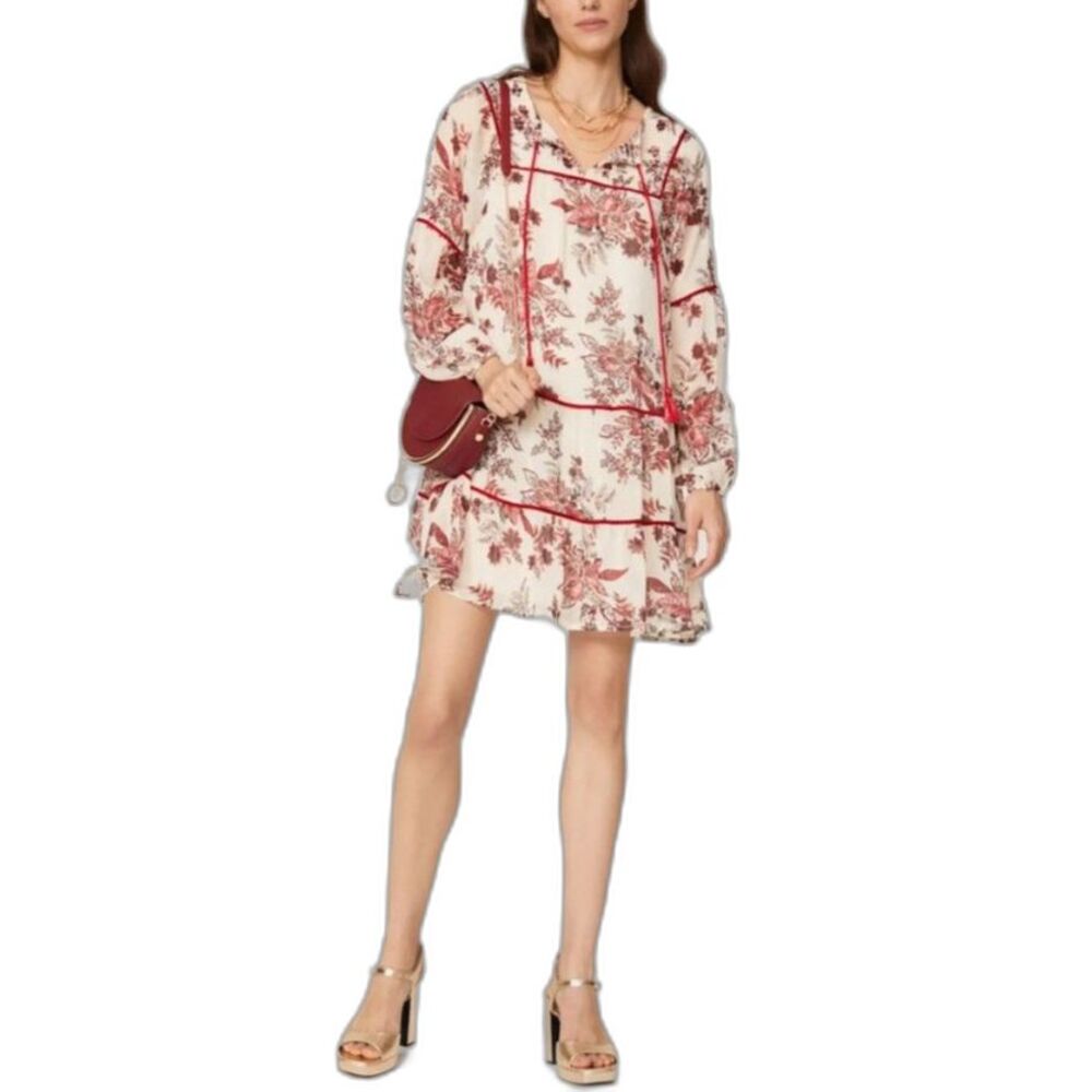 Great Jones Ivory Burgundy Floral Chiffon Fairycore Tiered LS Mini Dress Size M